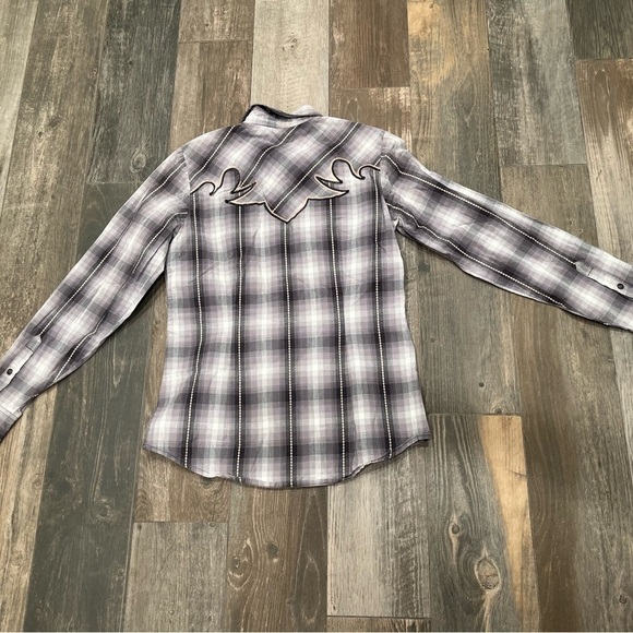 Cruel Girl Pearl Snap Western Plaid Shirt Sz Small Gray, Pink Embordiery Yoke - Picture 8 of 8